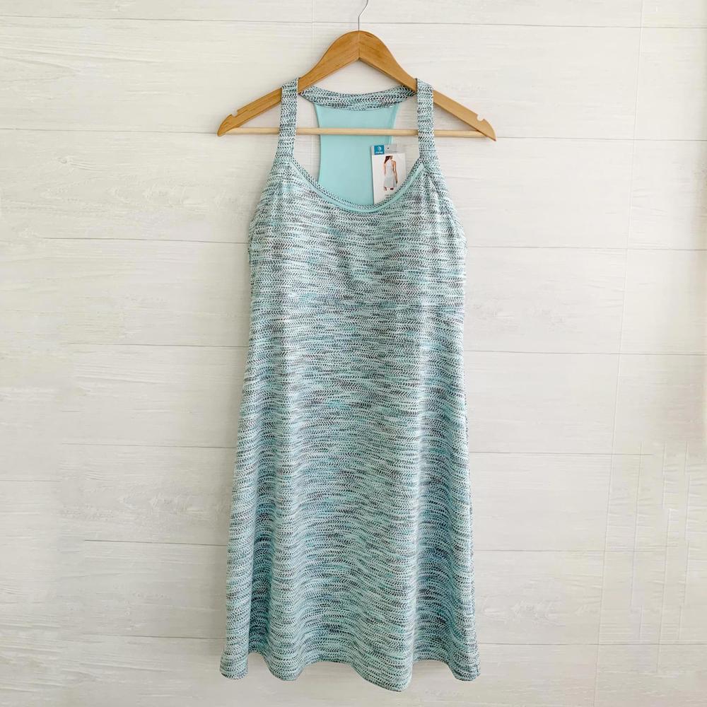 NWT MPG Travel Dress Mint Combo Blue racerback stretch padded A-line, L